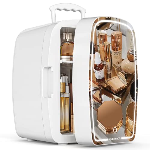 Upstreman Skincare Fridge 6 Liter, Portable Mirrored Beauty Fridge, LED Lighting, Cooler for Skincare, Fragrance and Makeup, Mini Fridge for Bedroom, Dorm and Office, White-TF06 PRO