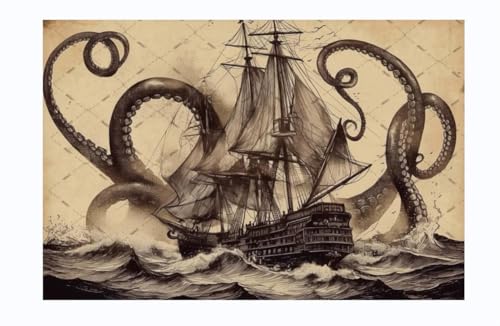EMOHAT The Legend of The Kraken Metal Tin Sign Octopus Kraken with Sailboat on The Sea Ocean Vintage Retro Decoration Wall Art Wall Decor Poster Plaque for Home Bar Store Garage 12x8 Inches