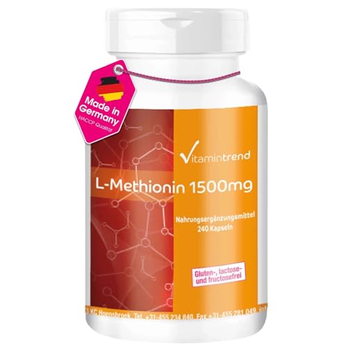 Vitamintrend L-Methionin 1500mg pro Tagesdosis, 240 Kapseln, hochdosiert, Nahrungsergänzungsmittel vegan ohne Magnesiumstearat, in Deutschland hergestellt