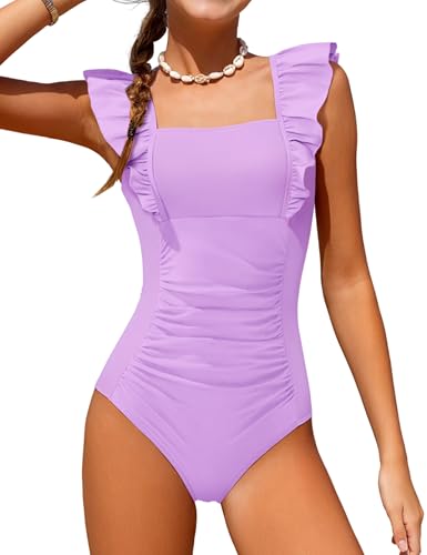 NECIOUS Girls Swimsuit Ruffle Adjustable Straps One Piece Bathing Suit Solid Color Ruched Girls' Swimwear 9-16Y