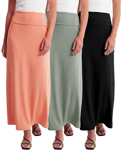 Real Essentials 3 Pack: Women's Ultra-Soft Flowy Maxi High Waisted Long Skirts (Available in Plus Size)