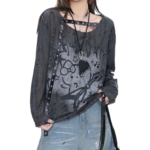 Women Goth T Shirt Harajuku Anime Graphic Y2K Tops Long Sleeve Off Shoulder Streetwear Grunge Aesthetic Clothes