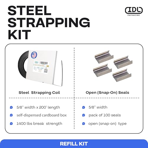 Image of IDL Packaging Refill for Portable 5 /8 inch Steel Strapping Kits for Packaging Strapping - 5 /8 inch x 200' Steel Strapping Coil in Self-Dispensed Cardboard Box and 100 of 5 /8 inch Open Seals
