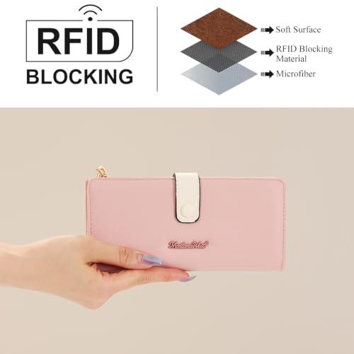 Image of Pink Wallet Women Bifold Long Wallets RFID Blocking Wallets with ID Window