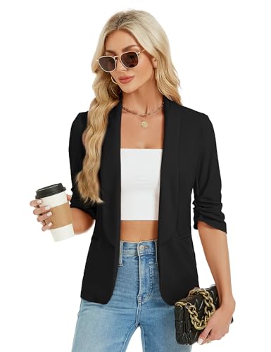 YesFashion Blazer Damen Sportlich Elegant Blazerjacke Open Front Casual Blazer Jacket Schwarz S