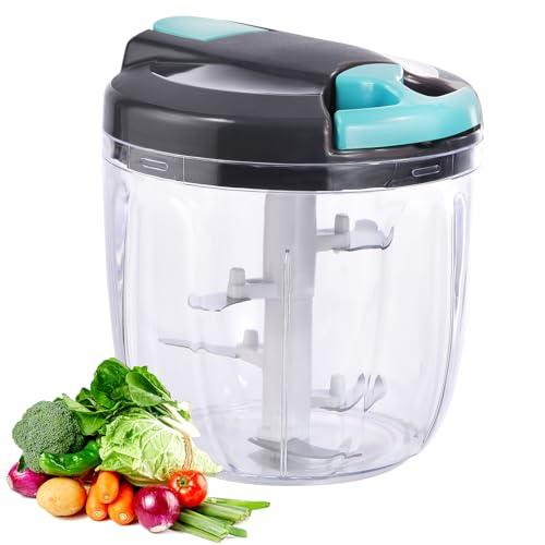Manual Food Processor Vegetable Chopper, Portable Hand Pull String Garlic Mincer Onion Cutter for Veggies, Ginger, Fruits, Nuts, Herbs, etc., (900ml,Gray-blue)