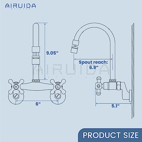 Airuida Wall Mounted Kitchen Faucet with Sprayer, Wall Mounted Kitchen Faucet, Double Cross Handles 360 Degree Swivel Spout, Restaurant Mixer Tap, Commercial, 15 cm Center, Matt Zwat