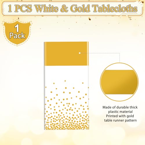 Image of 1Pcs White and Gold Tablecloth Party Decorations,Plastic White Table Cloth Printed Gold Table Runner Disposable Rectangle Tables Cover for Birthday Wedding Anniversary Graduation Party,54 x108 Inch