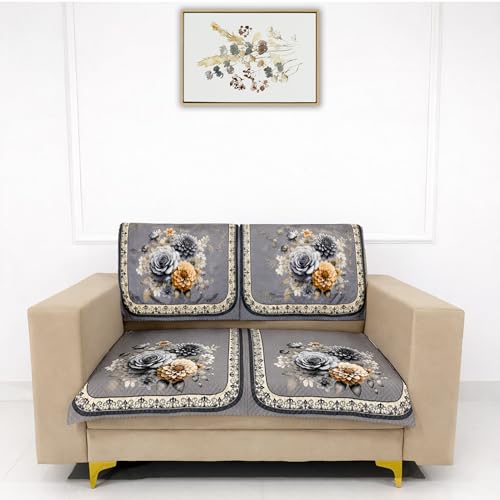 Image of Homerz 'Brooklyn Series' Premium Sofa Cover | Quilted Floral Design | Non-Slip Washable Sofa Protector | Soft Anti Slip Fabric (Grey, 2 Seater, Seat Cover with Backrest)