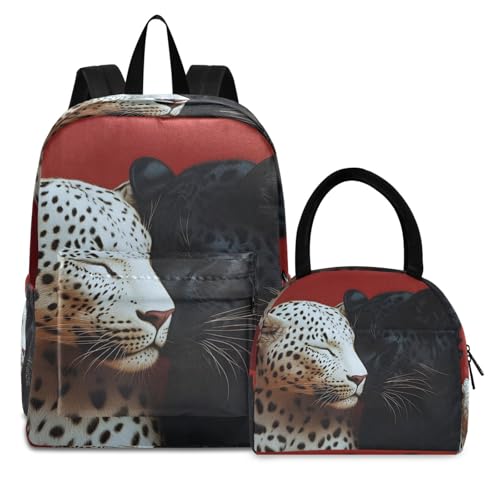 Leopard Black White Print Backpack Set with Lunch Bag, Large Capacity Travel Backpacks and Lunch Box Insulated for Commute Hiking Picnic