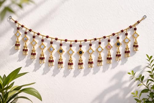 Image of iHandikart Handmade Decorative Beads Toran, with, Mirror, Flower Bell, for Beads, Size - 40 * 8 Inch, Traditional Used for - Home Decor, Fetival Decoration, (IHK-T155)