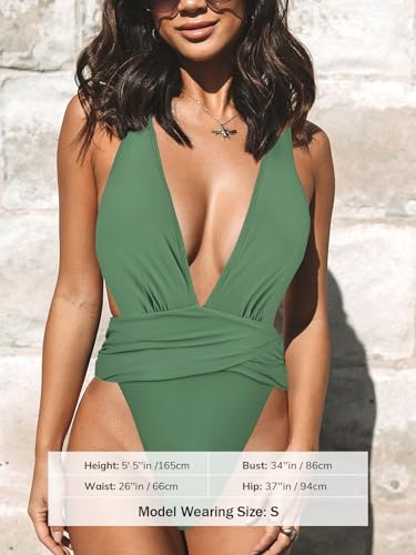 Image of CUPSHE One Piece Swimsuit for Women Bathing Suit Cut Out Cross Back Tie Deep V Neck Ruched High Cut