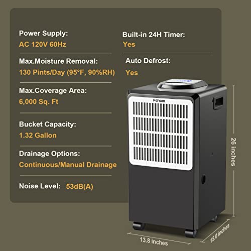 Fehom 130 Pints Dehumidifiers With Drain Hose And 1.32 Gallons Water Tank - 6000 Sq. Ft Dehumidifier With 24 Hr Timer And Clean Washable Filter, Perfect For Large Basements, Bathroom, Bedroom #TOP4