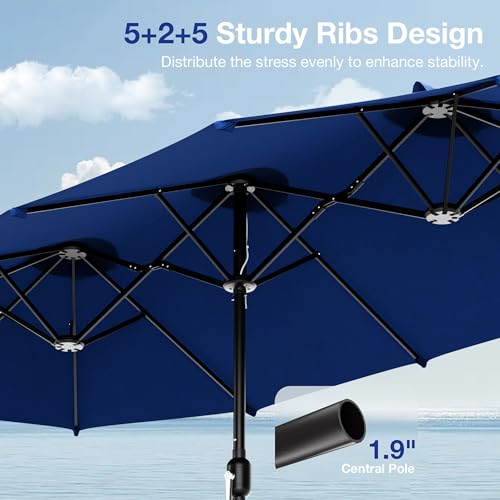 Joyside 15FT Large Patio Umbrella with Base Included, Outdoor Double Sided Umbrella, Rectangle Umbrella with Crank Handle, 12 Sturdy Ribs for Deck, Porch and Pool (Blue)
