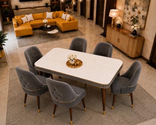 Image of WOODEN SPACE 6-Seater Wooden Dining Table Set | Nano Composite Marble Top | Solid Wood Base | Modern Dining Room Furniture with 6 Chairs (Dark Grey Grand Aura)