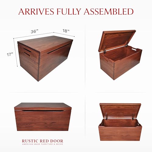 Image of Amish Made Wooden Storage Chest Trunk Box with Lid and Handles for Bedroom, Blanket, Clothes, Anti-Slam Hinges, Handmade, Rustic, Oak Wood, Cherry Stain, 36 inch