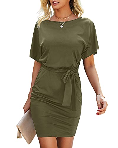 Cicy Bell Women's Short Sleeve T Shirt Dresses Crewneck Tie Waist Work Office Bodycon Mini Dress Army Green