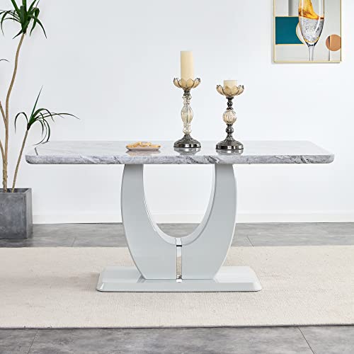 Henf Contemporary Modern Dining Table 63 Inches Rectangular Dining Room Table With Marble Grain Table Top & High Gloss U-Base, Luxury Dining Room Table Home Office Kitchen Room Table Furniture #TOP1