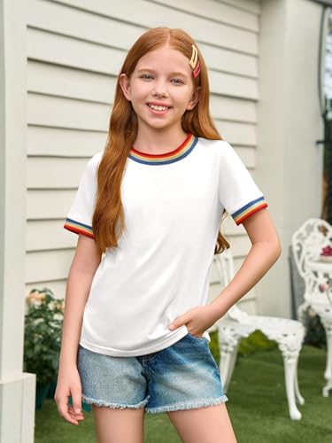 Image of Haloumoning Girls Short Sleeve T-Shirts Summer Rainbow Tops 5-14 Years | Kids Basic Tees, Rainbow Trim Ringer Tees, Crewneck Tops, Casual, Loose Fit