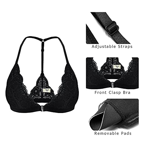 SHEKINI Women's Lace Bra Wireless Padded Triangle Bralettes for Women Front Closure Halter Bras for Women4