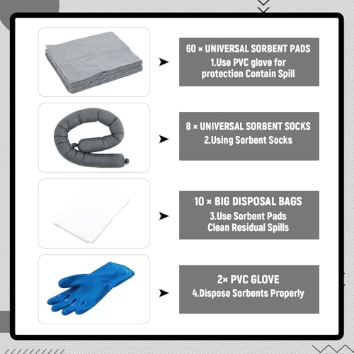 Image of DoubleFill 82 Pcs Universal Spill Kit Portable Complete 18.5-Gallon Spill Kit, Absorbs Oils Water and More, Yellow Bucket,60 Absorbent Pads,8 Pcs 3 inchx4' Sorbent Socks,10 Disposal Bag,2 pairs PVC Gloves