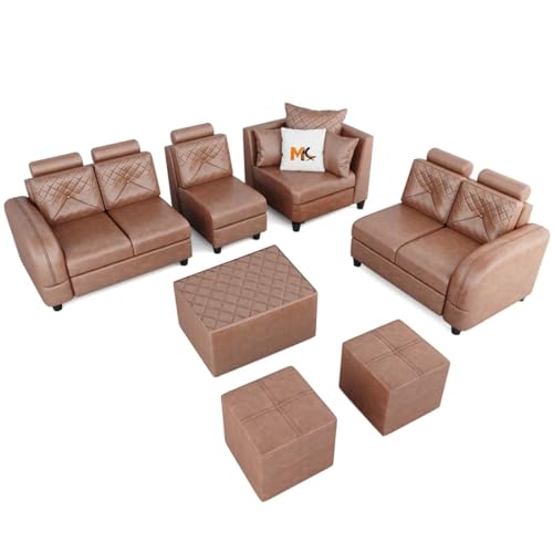 Image of FURNY Desiroy 8 Seater Leatherette Sectional Corner Modular L Shape Sofa Set with 1 Centre Table & 2 Puffy (Brown)