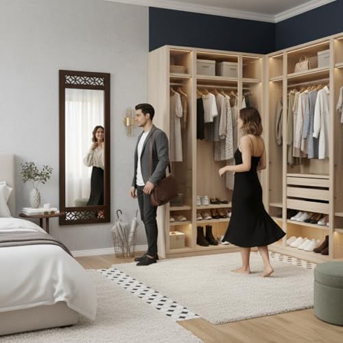 Image of APRODZ Floor Mirror Full Length with Solid Sheesham Wood Frame | Rectangular Standing Mirror for Bedroom Living Room Hallway and Dressing Area | Full Length Dressing Mirror, Dark Brown