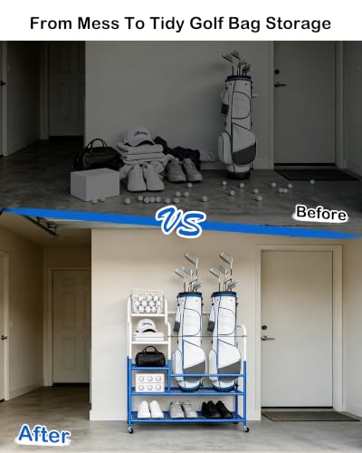 Image of Golf Bag Storage Garage Organizer for 2 Bags, Golf Storage Rack with Wheels | 50% More Space Multi-Zone,All-In-One 5tier Compact,Extra Bottom Storage,4 360 Casters,Movable Basket,Small Garage,Heavy-Duty