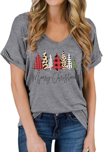 Image of Vircreate Womens Short Sleeve V Neck T-Shirts Merry Christmas Shirts Merry and Bright Christmas Tree Funny Tops, Grey 1, Medium