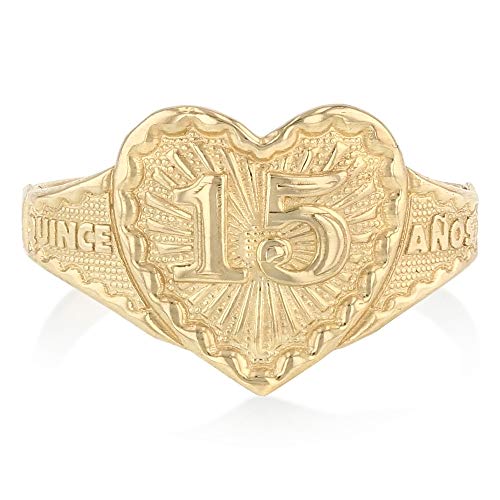 Ioka - 14K Solid Yellow Gold 15 Years Birthday with Heart Quinceanera Ring