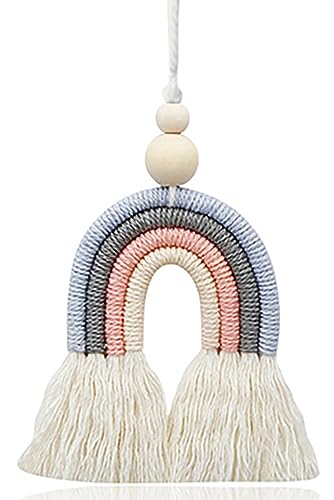 Image of 1 Pieces Macrame Rainbow Car Pendant Boho Rainbow Car Charm Diffuser Cute Car Air Fresheners Essential Oil Diffuser Handmade Hanging Car Accessories Decor for Car Interior (Rainbow 3)