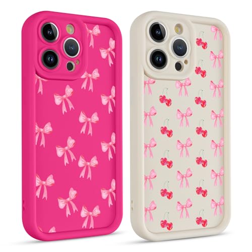 lioscre 2 Pack Cute Coquette Bow Phone Case for iPhone 13 Pro 6.1", Aesthetic Pink Cherry Ribbon Bowknot Pattern Print Design Women Girls Case Soft Slim Shockproof TPU Protective Funda Cover
