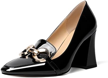 Zamikoo Women Chunky Heel Pumps Block High Heel Slip On Heeled Metal Buckle Loafers Closed Square Toe Dress Pumps for Work Casual Daily Life Party Dress