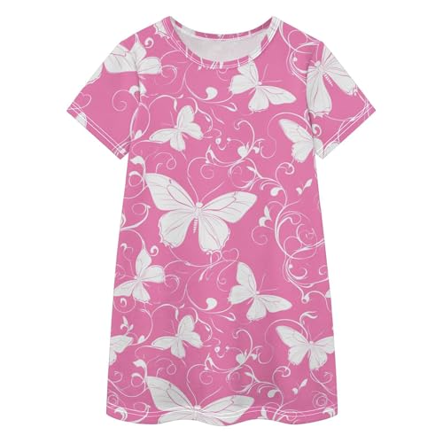 Vestido de playa para niña fresco con flores de melocotón y mariposa blanca
