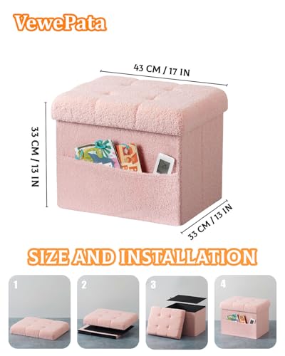 Faux Teddy Tufted Foot Rest with Storage, Ergonomic Ottoman Chair (17x13x13 inches, Pink)