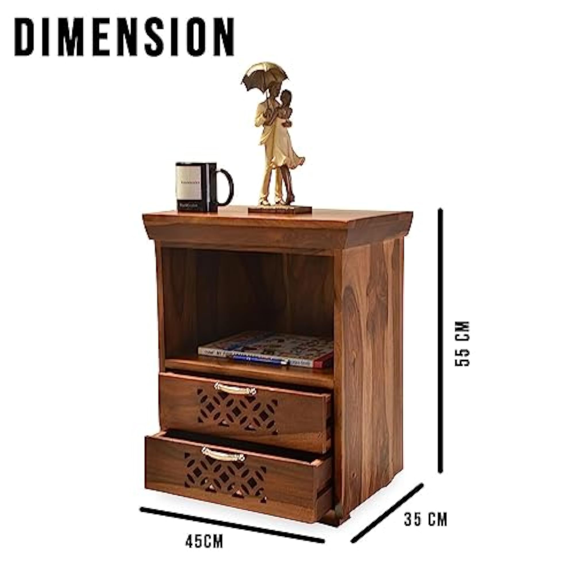 Wooden Bedside Table with 2 Drawers, Dark Honey Finish