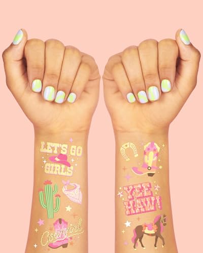 xo, Fetti Cowgirl Temporary Tattoos - 50 Gold Foil Styles | Birthday Party Decorations, Giddy Up Cowgirl Accessory, Rodeo Western Theme Favor, Nashville Gift + Cow Print Supplies, Baby Shower