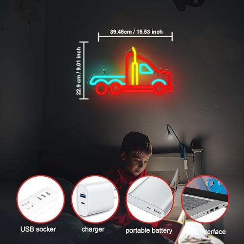 Image of CoolGift Mart Truck Neon Sign, Dimmable LED Vehicle Neon Wall Light USB Powered with 3-Color Lights, for Bedroom Home Man Cave Garage Birthday Gift for Boys Men