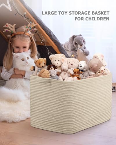 JOJOSEE Faltbarer Wäschekorb, 63L Große Wäschesammler, Laundry Baskets aus Baumwolle, Geflochten Aufbewahrungskorb mit Henkel für Decken, Kleidung, Kuscheltier, Spielzeug, Beige