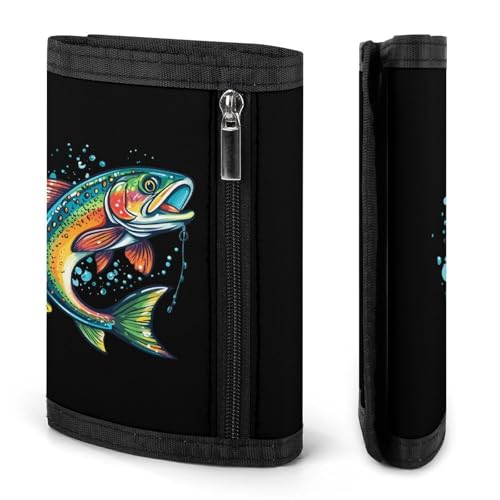 Rainbow Trout Print Trifold Wallet for Men Women Portable Slim Purse Zip Closure Pocket Wallet3