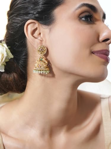 Image of Rubans Gold-Plated Jhumka Earrings for Women & Girls | Jhumki Traditional Wedding Fashion Ethnic Designer Jewellery Statement Gift