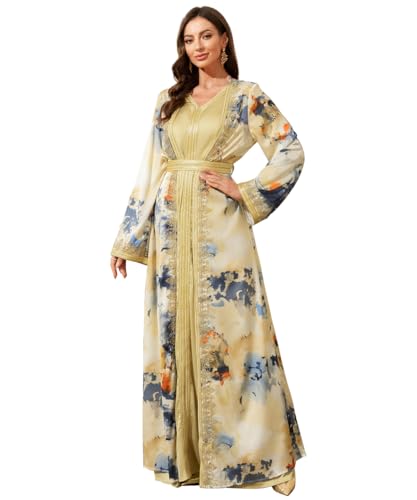 Image of Abaya for Women Floral Embroidered Muslim Dress V-Neck Arabian Maxi Robe