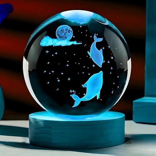 Image of 3D Crystal Ball Lamp with 16 Colors Changing LED Wooden Base - Solar System Night Light, Galaxy Lamps, Galaxy Crystal Ball Light with USB (RGB Dolphin)