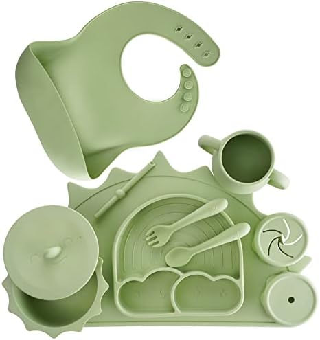Baby Pastels - Baby Feeding Set - Baby Led Weaning Supplies - Silicone Suction Utensils/Cutlery/Dishes/Dinnerware for 6-36 months - Bowl, Plate, Spoon Fork, Bib, Placemat, Cup 11 Pieces (Pastel Green)