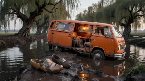De camper in de modder