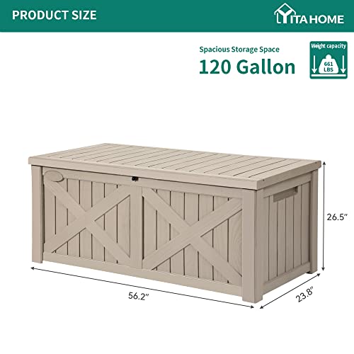 Yitahome 120 Gallon Large Deck Box, Upgraded Resin Outdoor Storage Boxes, Waterproof Patio Cushion Storage Bench For Patio Furniture, Pillows, Pool Supplies, Garden Tools - Lockable, Light Brown #TOP5