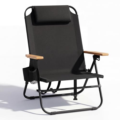 Cansky Portable Beach Chair for Adults, Outdoor Lightweight Camping Chair with Wooden Desgin Armrests, 5-Position Reclining Flat Lay, Cup Holder, Zipper Pouch, Backpack Design, No Towel Rack, Black