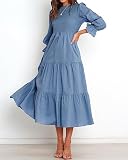 BTFBM, Luźna sukienka damska, z długim rękawem, okrągły dekolt, jesienna, styl boho, luźny krój, kwiatowy wzór, płynna sukienka maxi, stopniowana sukienka koktajlowa, szary/niebieski, M