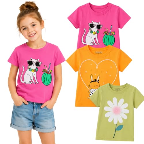 Image of Girls Graphic T Shirts 3 Pack 100% Cotton Short Sleeve Tees for Toddler Little Big Girls Cute Printed Casual Summer Tops