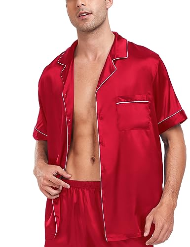 Image of SWOMOG Men Satin Silk Pajamas Sets Short Sleeve Sleepwear Button-Down PJs Sets Two-Pieces Loungewear with Pockets